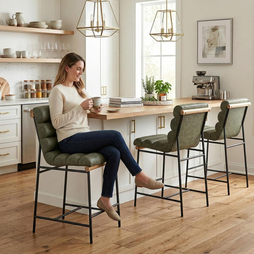 Green Tufted Bar Stools Black Metal Frames Set 4