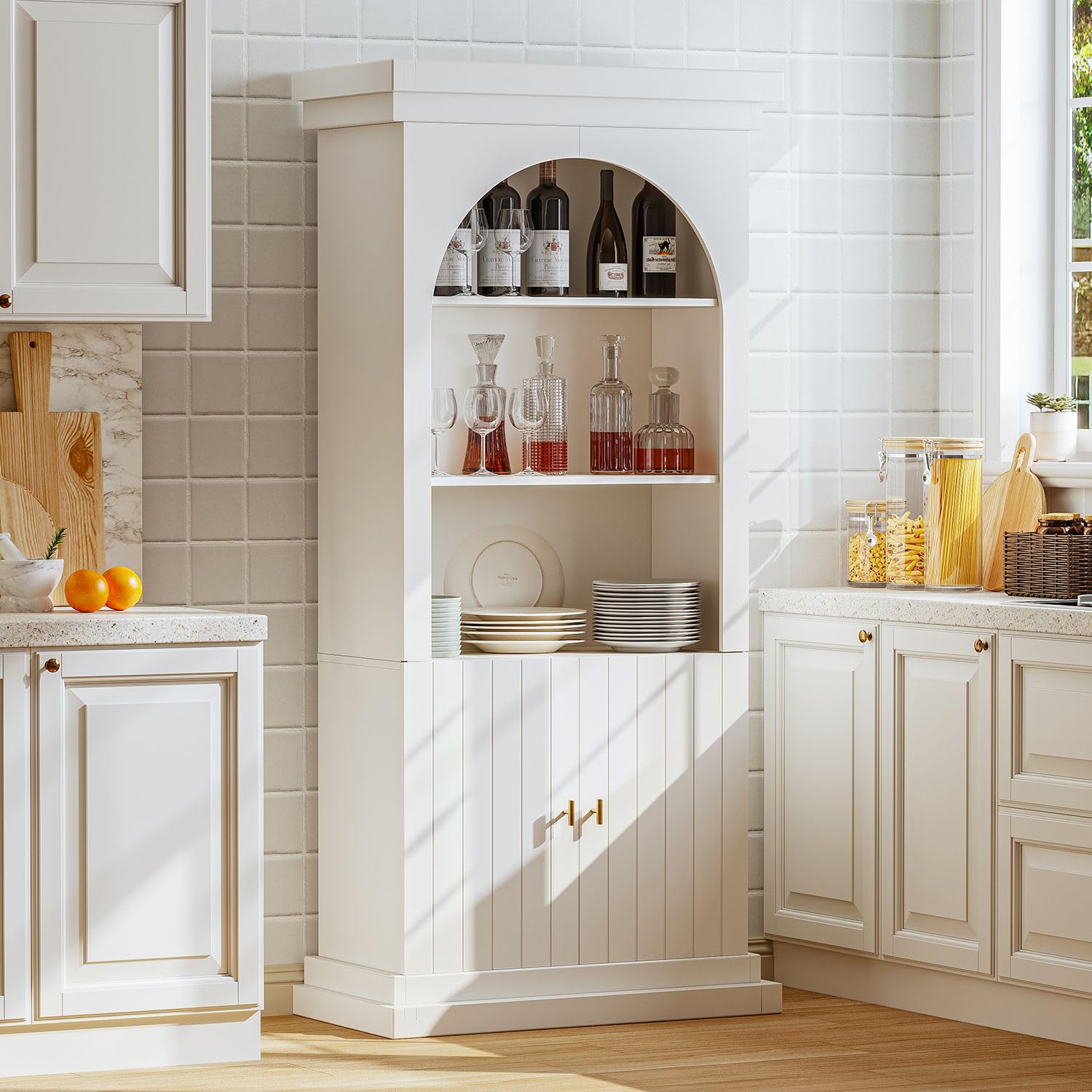 Tall White Arched Cabinet Drawers Gold Handles