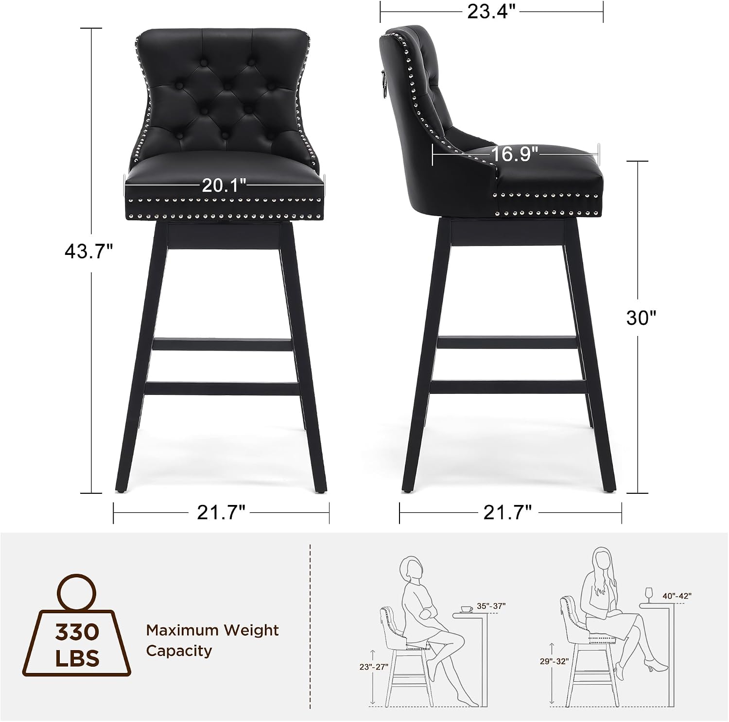 Black Tufted Swivel Bar Stools Wood Legs Set 2