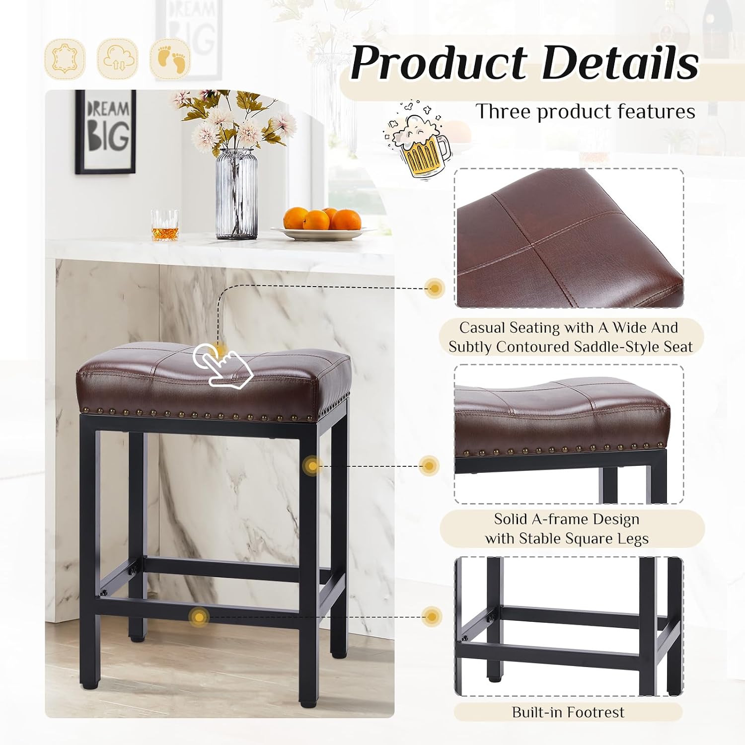 Brown PU Leather Saddle Bar Stools Metal Base Set 2
