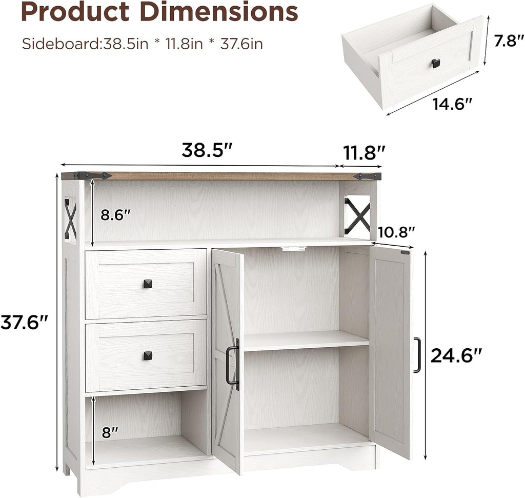 Farmhouse White Sideboard Drawers Open Storage Shelves