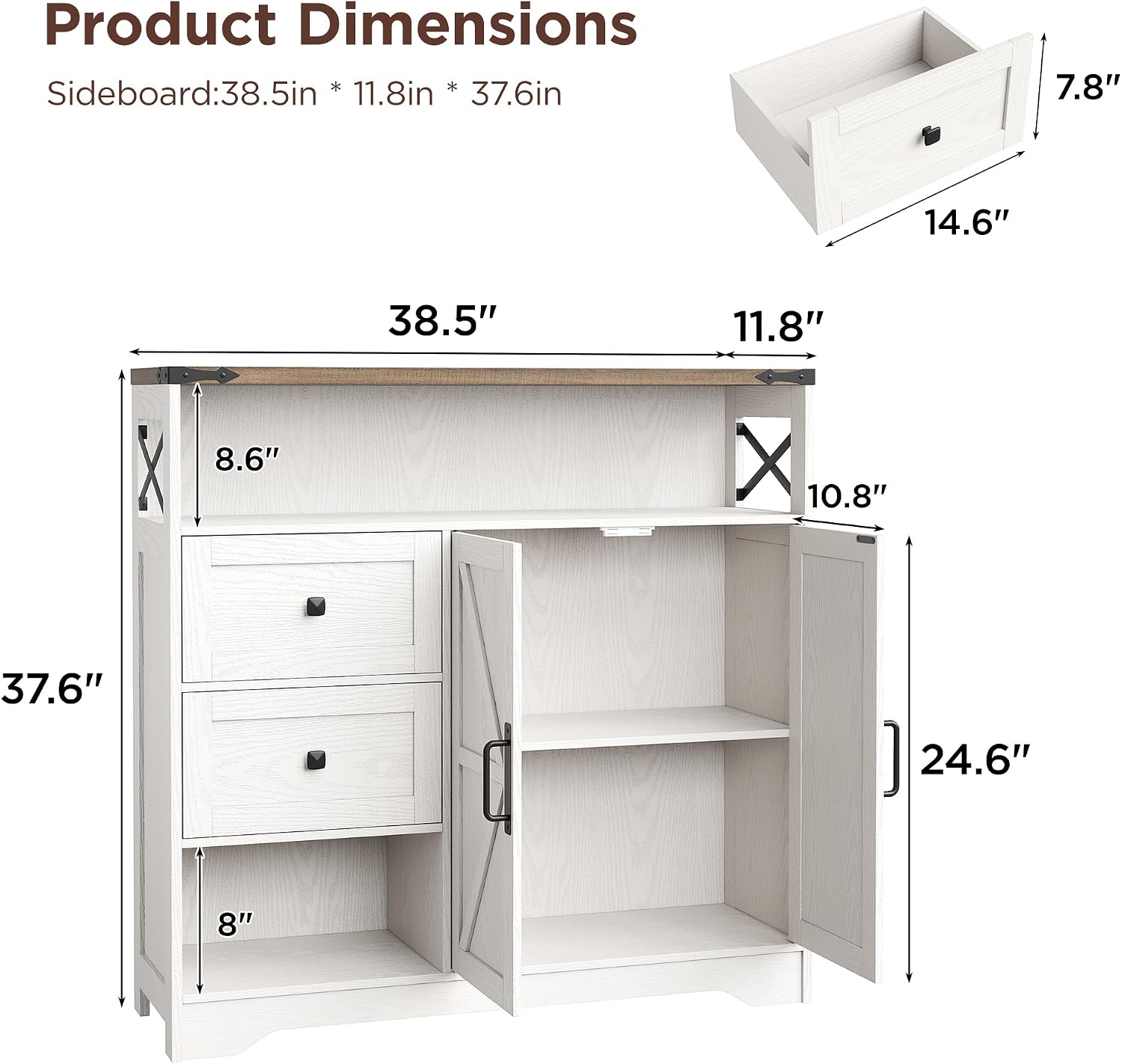 Farmhouse White Sideboard Drawers Open Storage Shelves