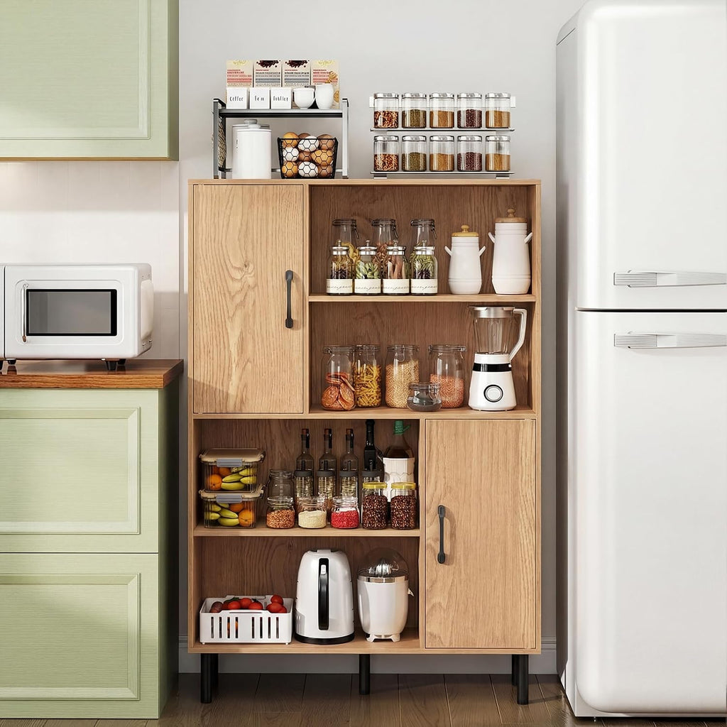 4-Tier Tall Sideboard Cabinet Doors Shelves Natural
