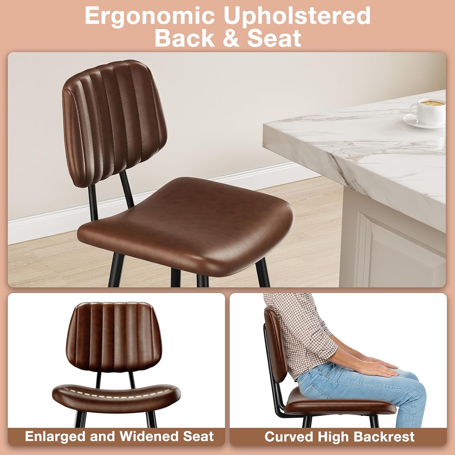 Dark Brown Leather Bar Stools High Back Metal Legs Set 3