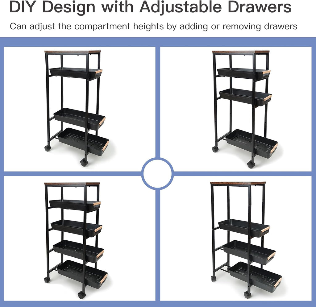 5-Tier Slim Wood Top Rolling Gap Storage Cart Black
