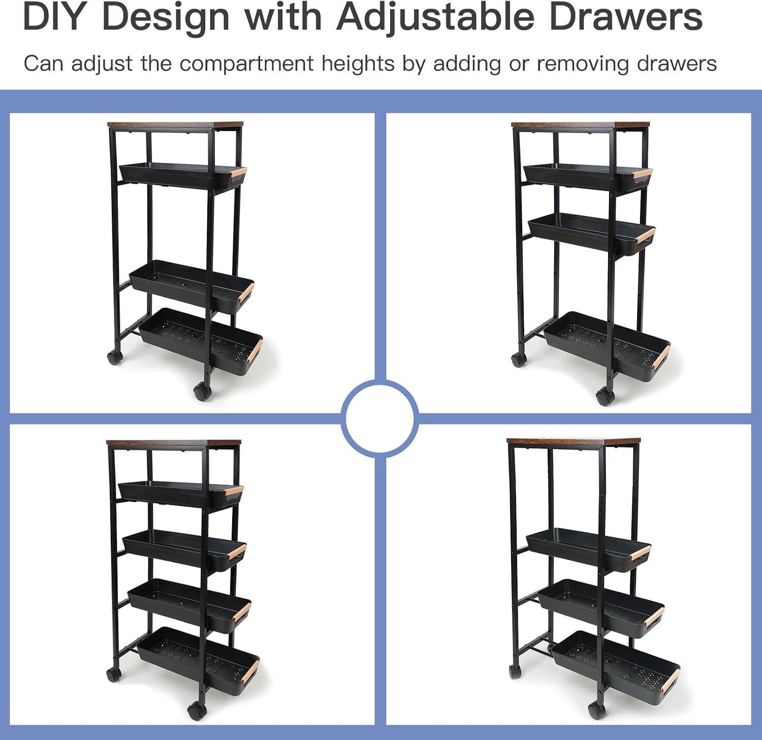 5-Tier Slim Wood Top Rolling Gap Storage Cart Black