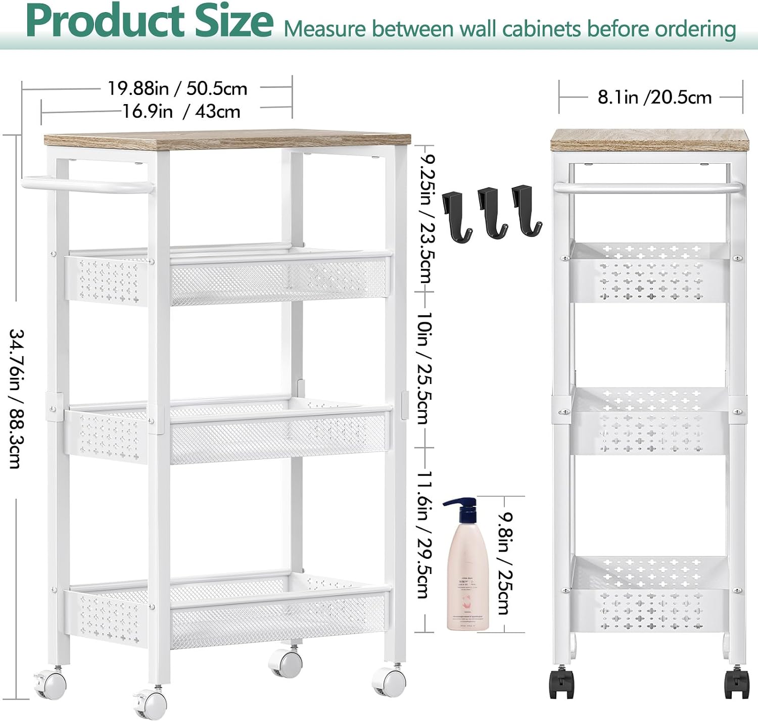 4-Tier Wood Top Slim Rolling Cart Handle White