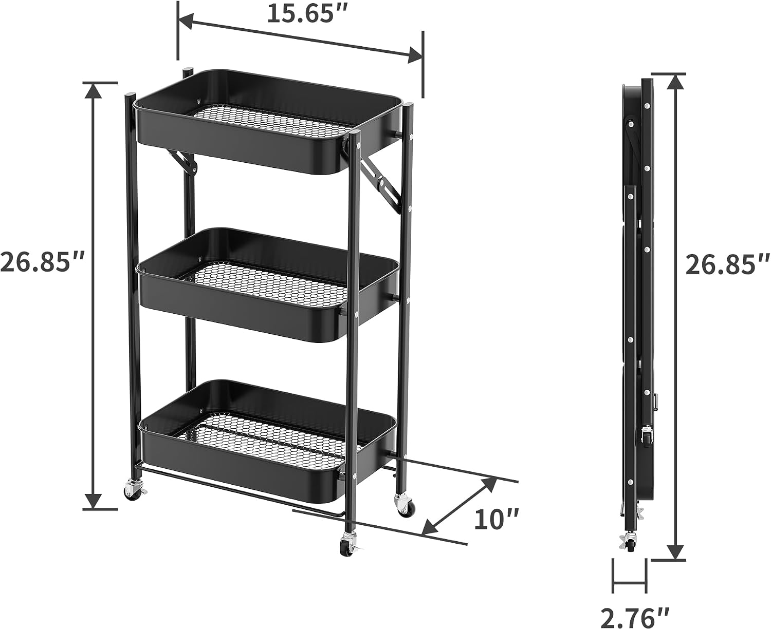 3-Tier Foldable Under Desk Rolling Storage Cart Black