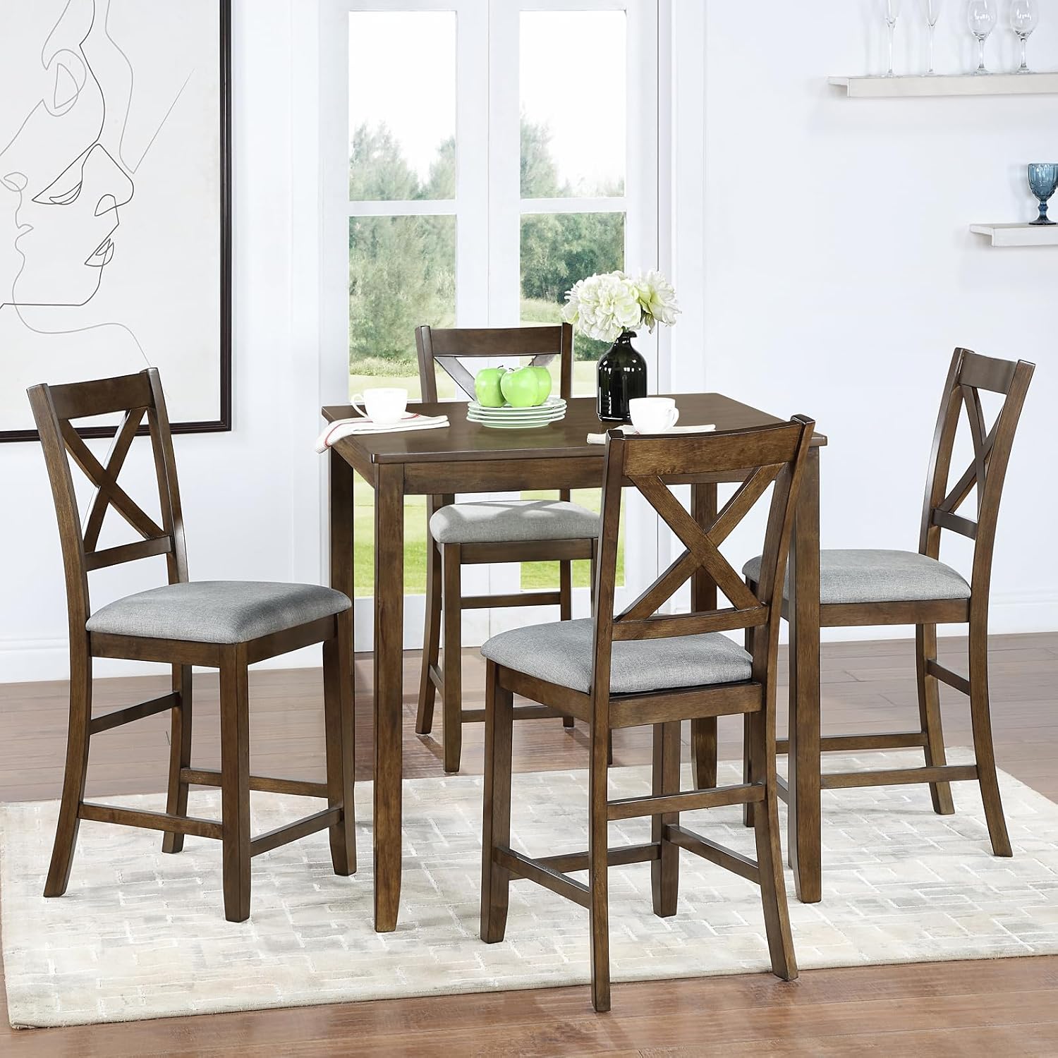 Walnut Farmhouse Dining Set Wood Table 4 Chairs