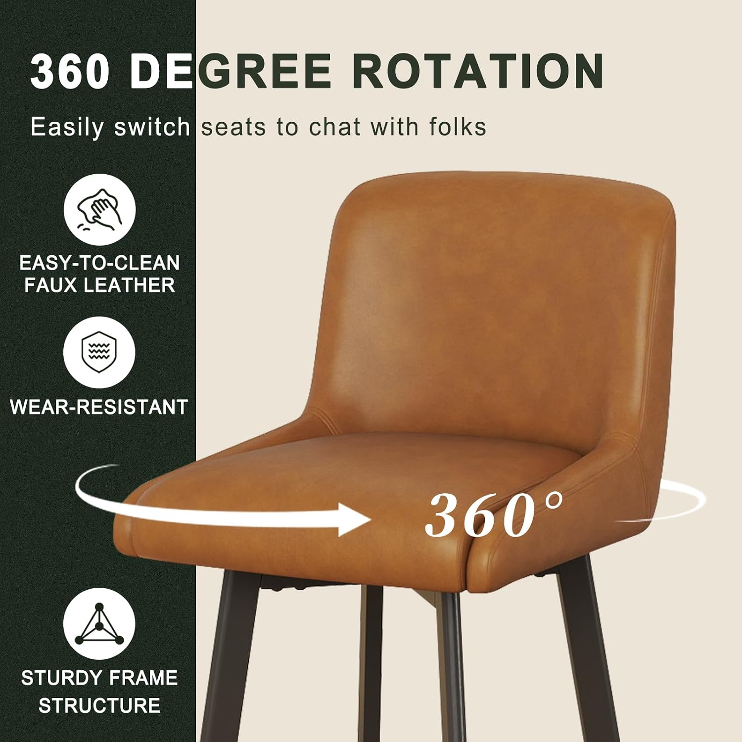Faux Leather Swivel Bar Stools Metal Legs Brown Set 2