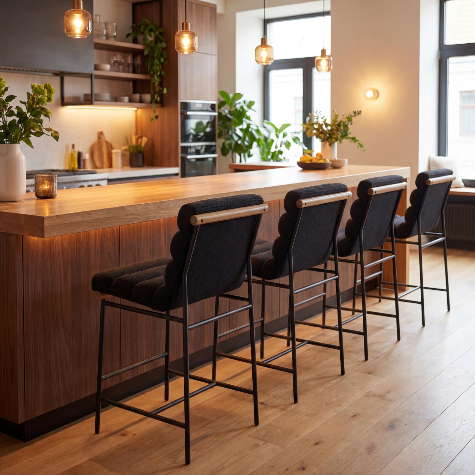 Green Tufted Bar Stools Black Metal Frames Set 4