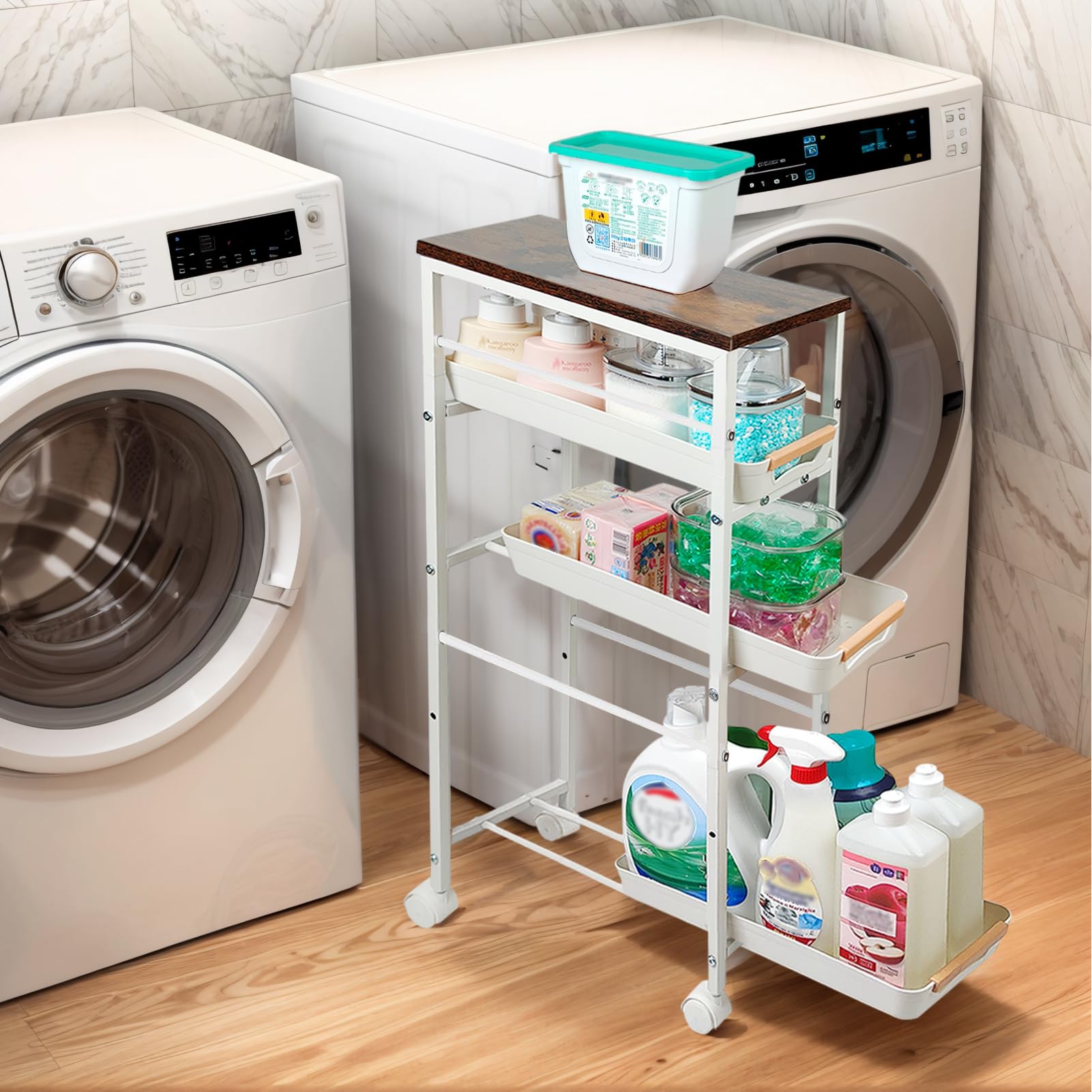 5-Tier Slim Wood Top Rolling Gap Storage Cart Black