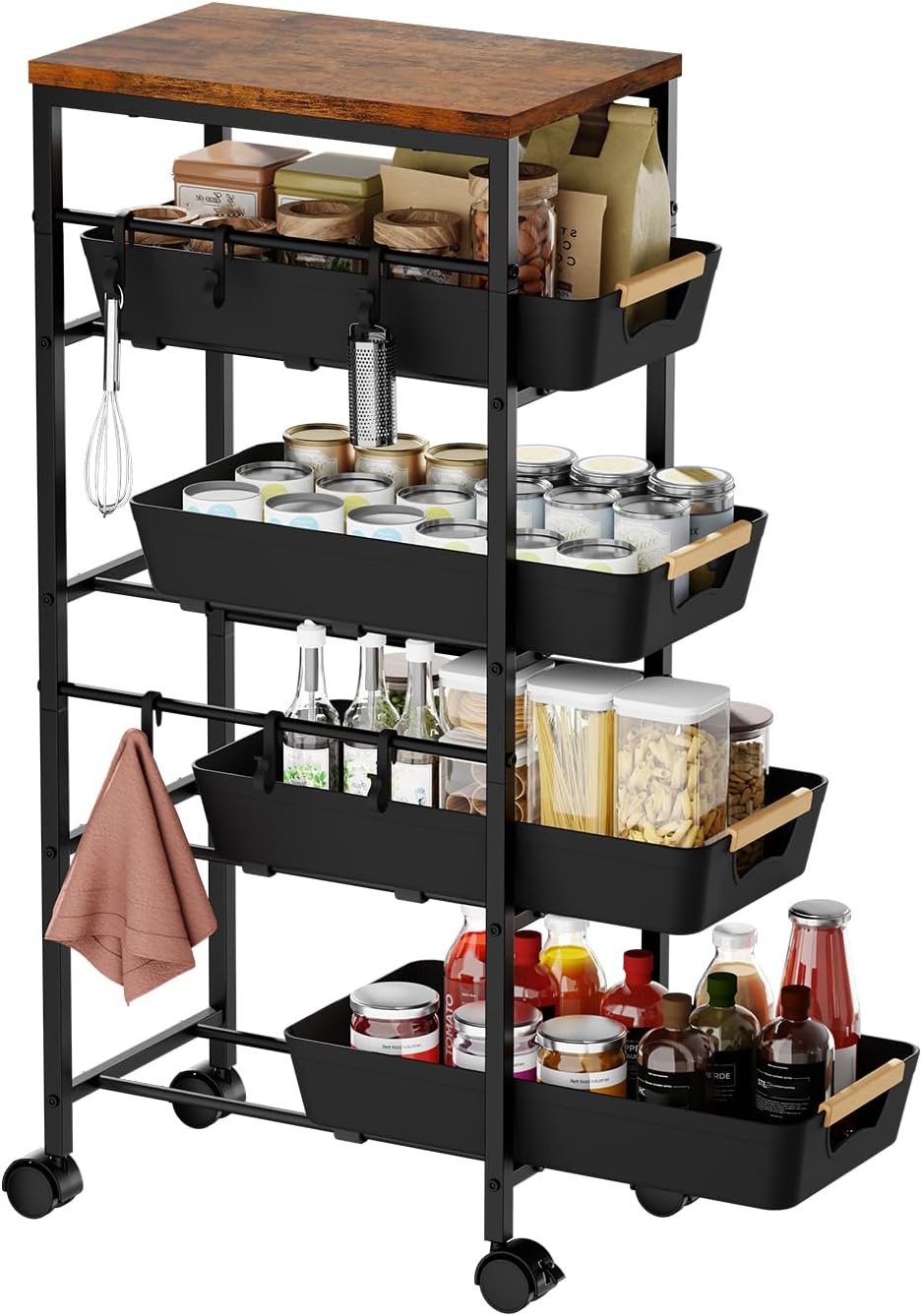 5-Tier Wood Top Cart Pull Out Baskets Black