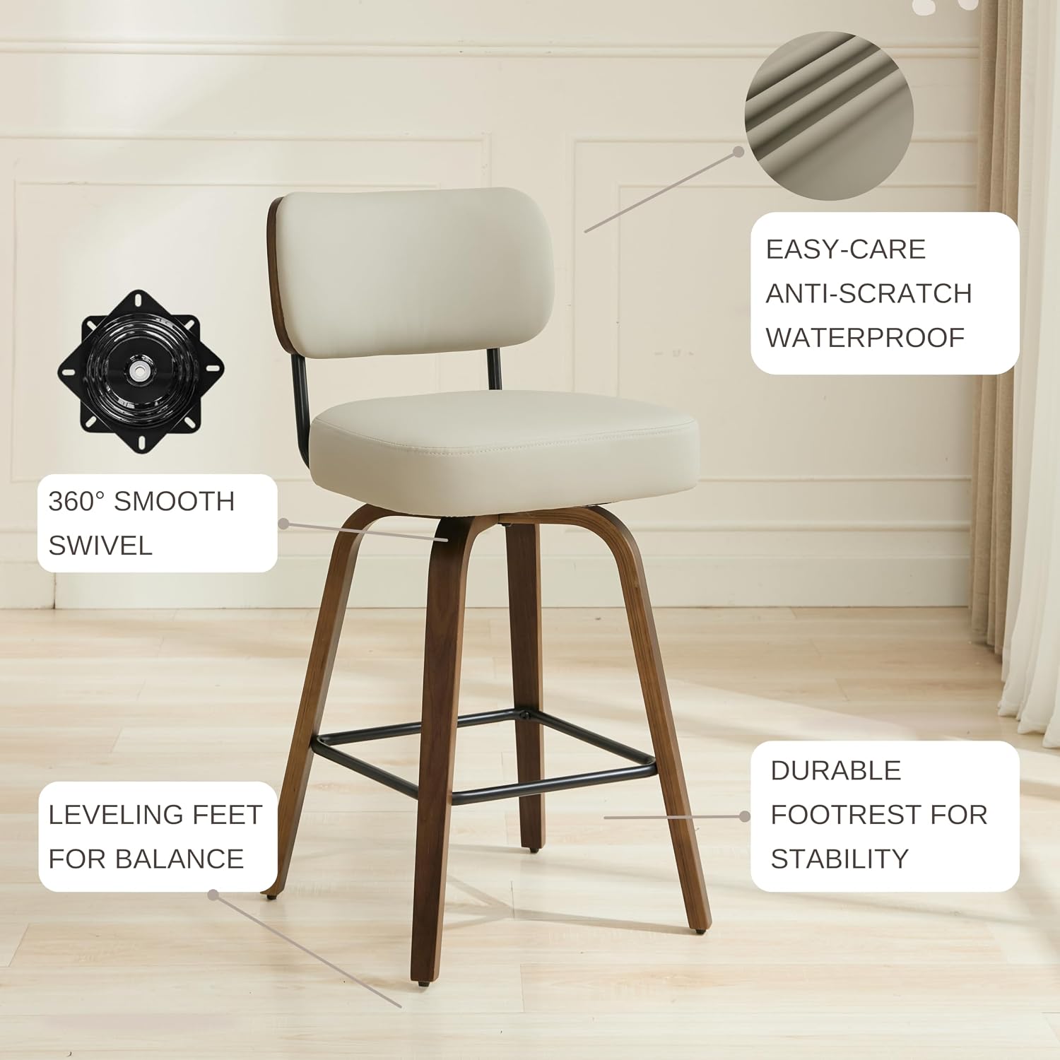 Beige Gray Swivel Bar Stools Walnut Legs Set 4
