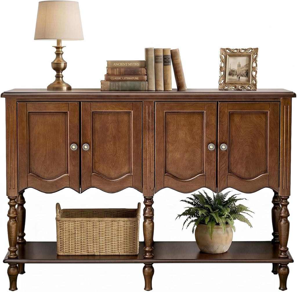 Farmhouse Console Table Cabinet Open Shelves Brown