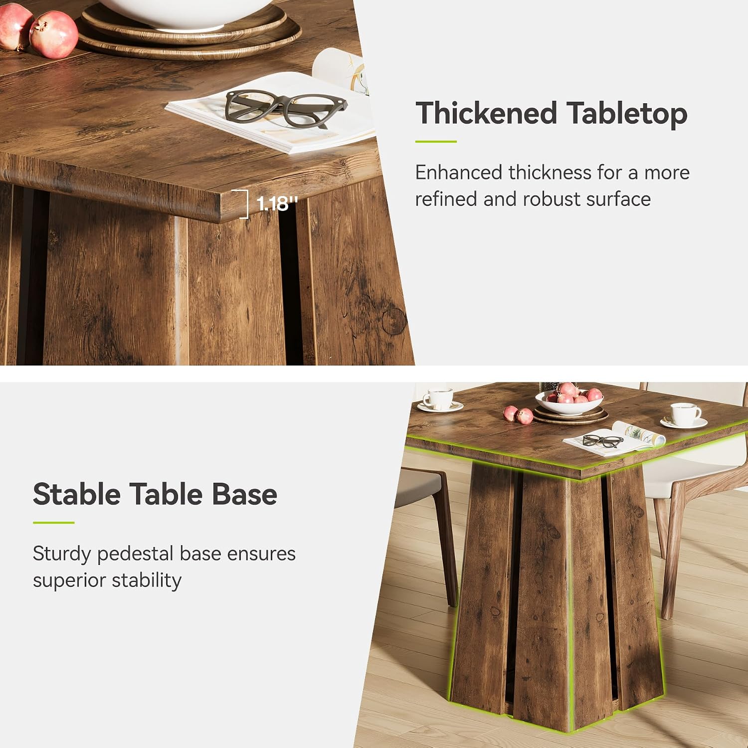 Rustic Brown Square Dining Table Pedestal Base Set 4