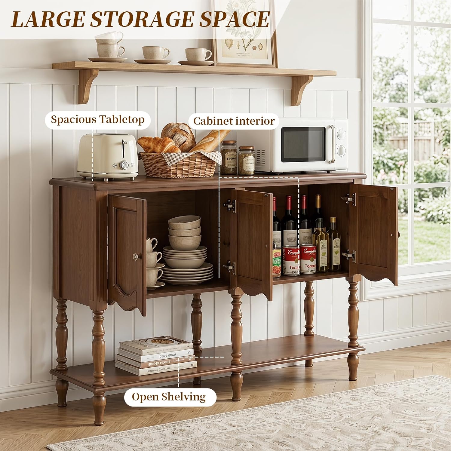 Farmhouse Console Table Cabinet Open Shelves Brown