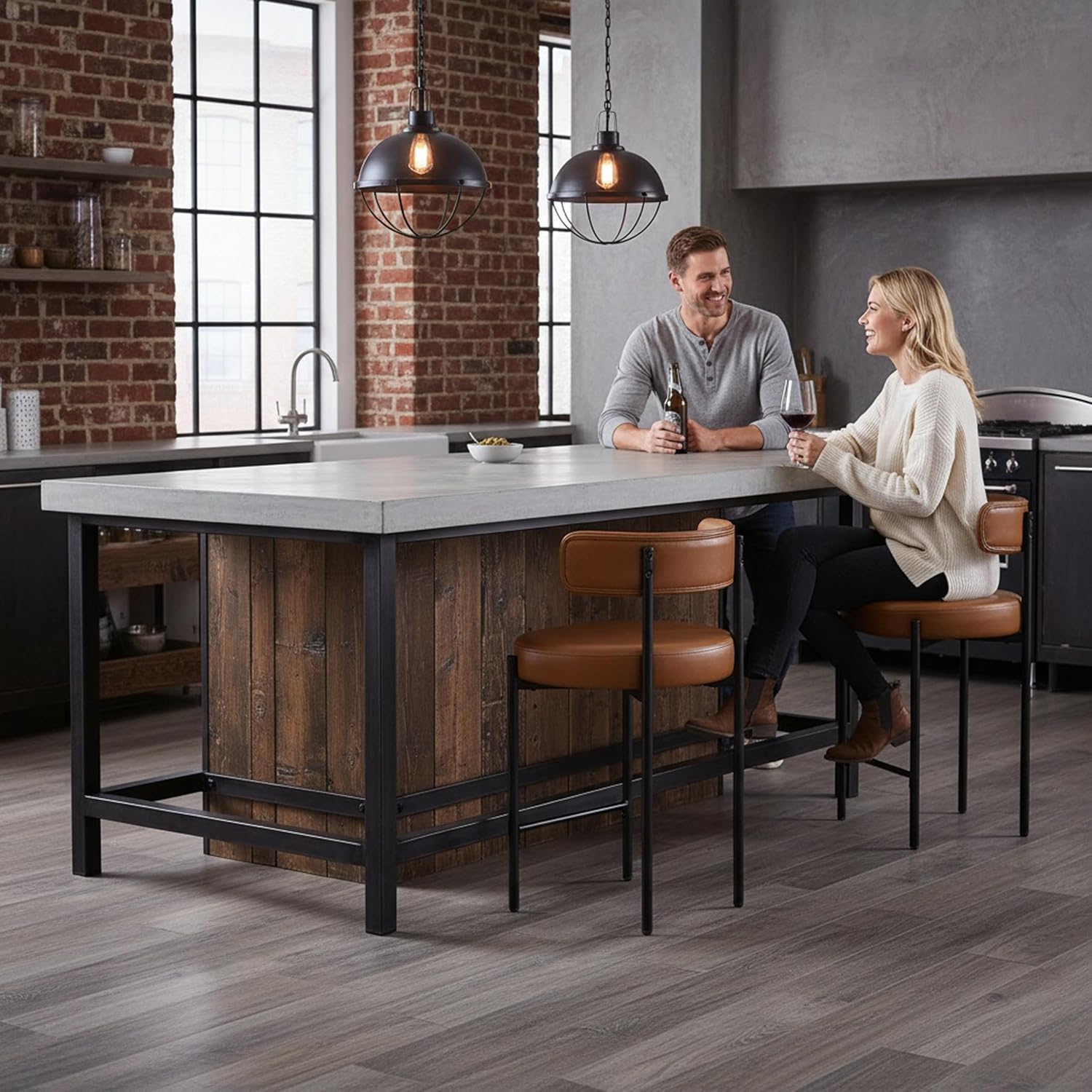 Brown Vegan Leather Bar Stools With Backs Set 3