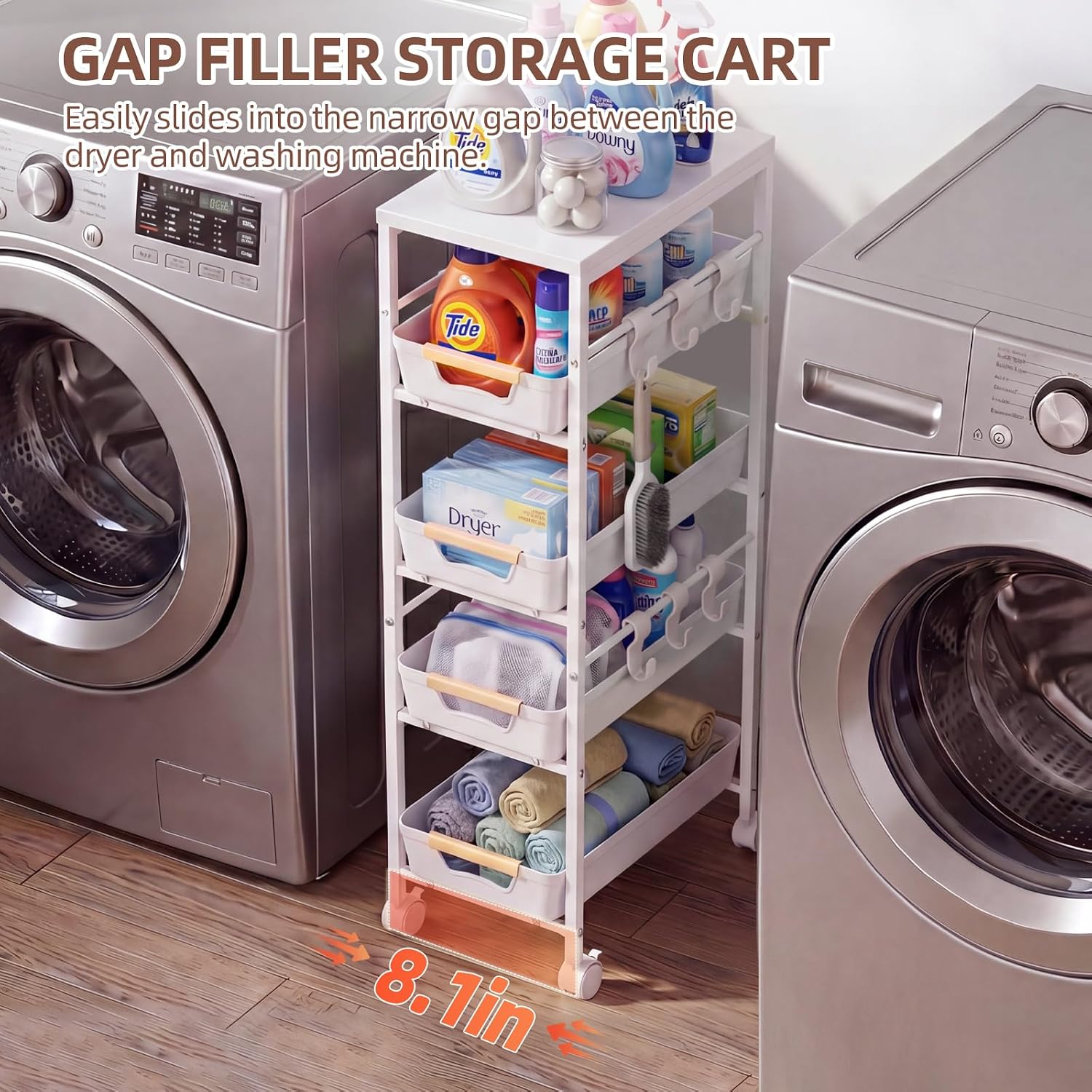 5-Tier Wood Top Cart Pull Out Drawers White
