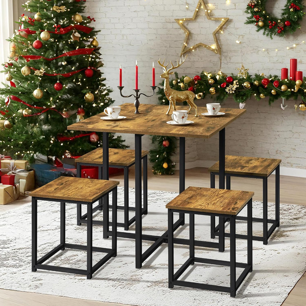 Rustic Brown Dining Table Stools Space Saving Set 4