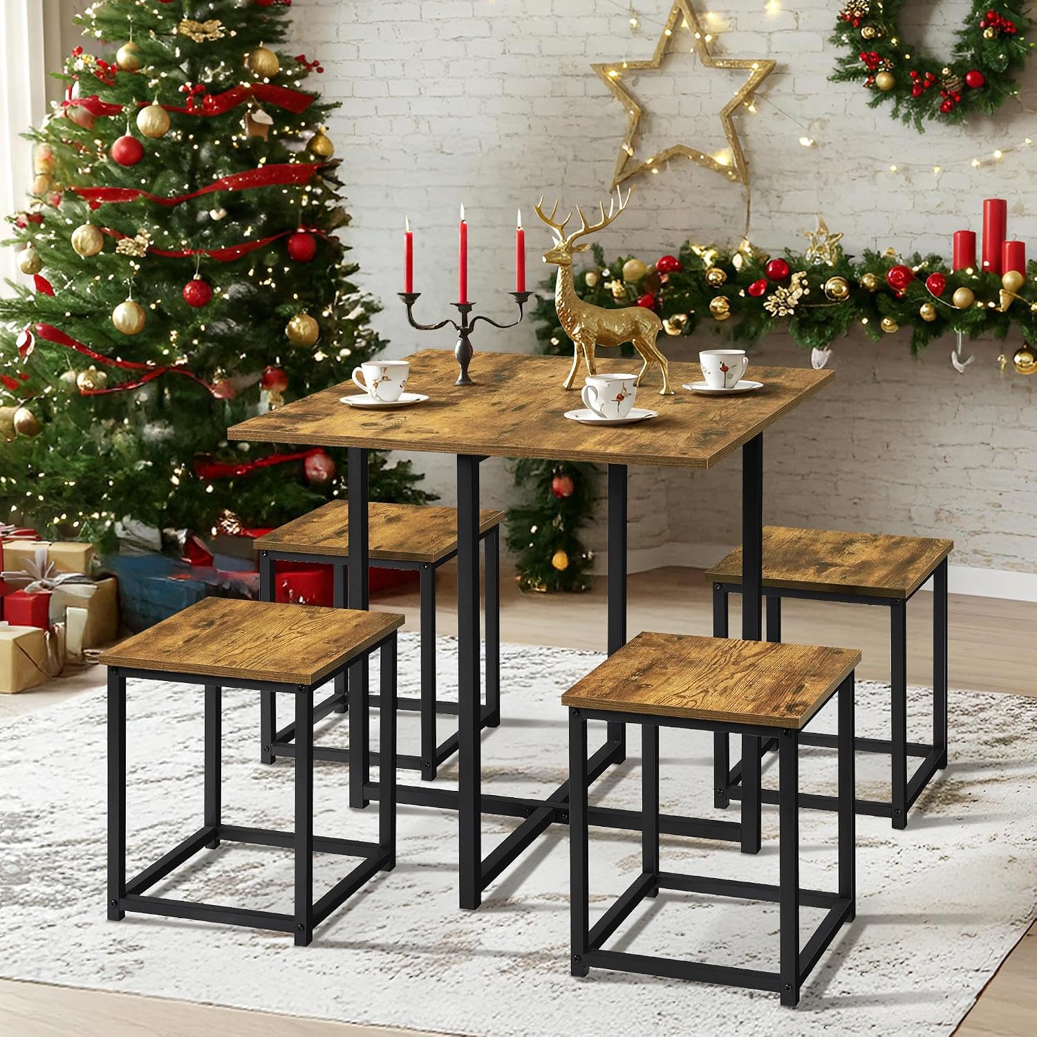 Rustic Brown Dining Table Stools Space Saving Set 4