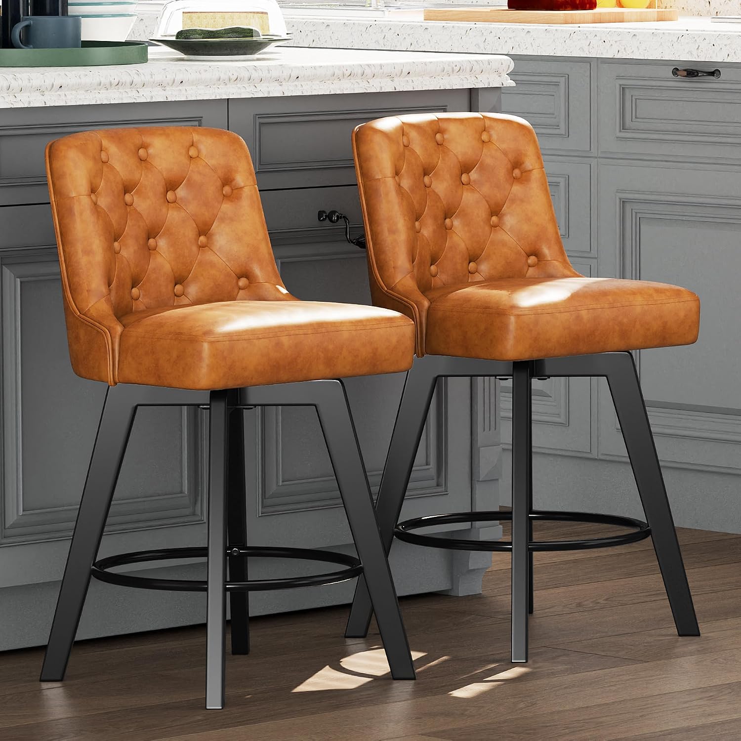 Brown Tufted Swivel Bar Stools Wood Legs Set 2