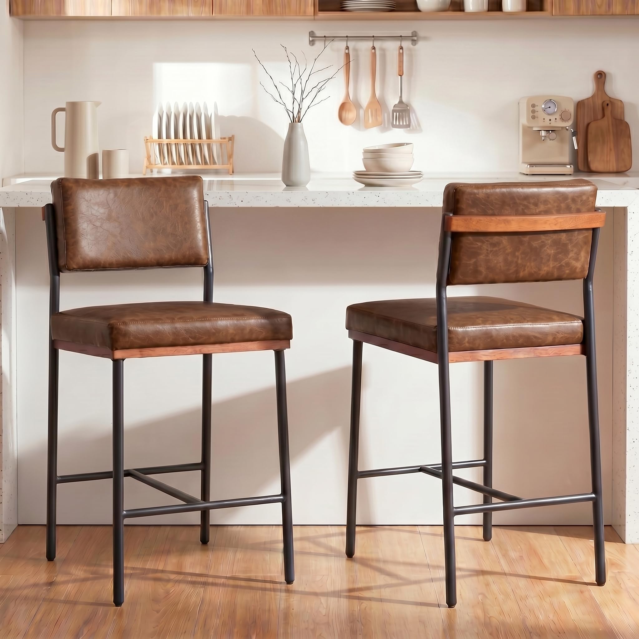 Brown Leather Bar Stools Wide Back Metal Legs Set 2