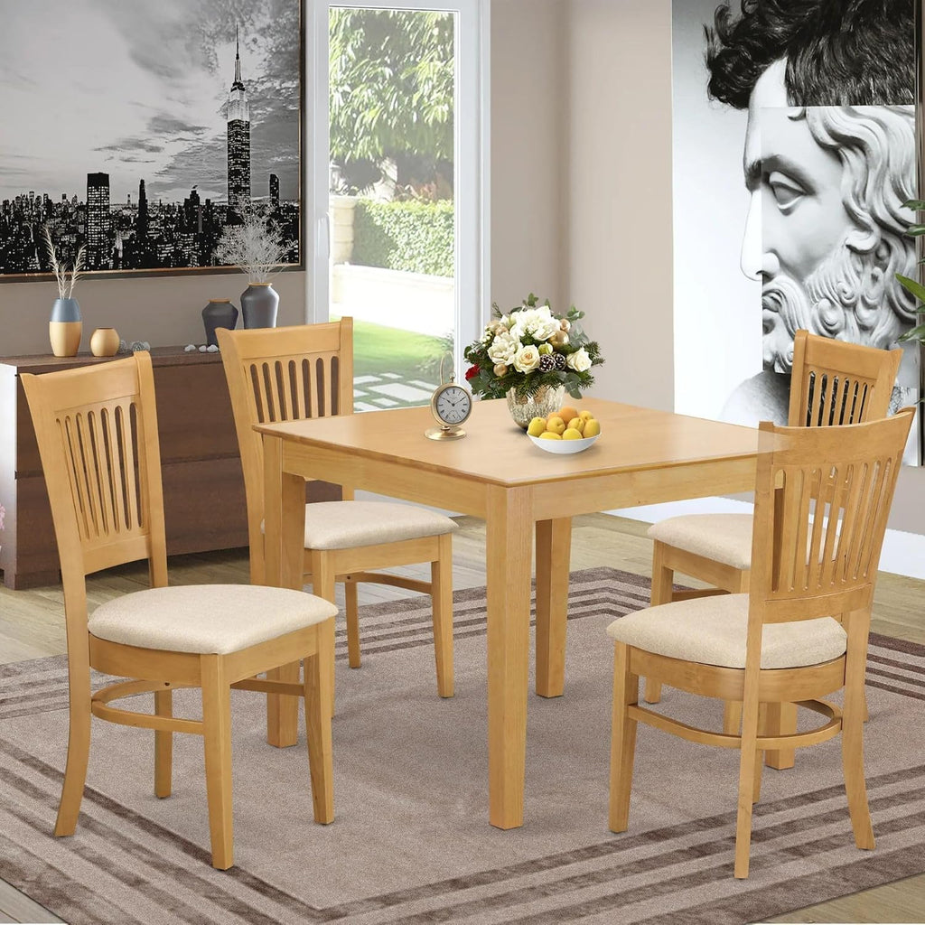 Oak Square Dining Set Wood Table 4 Fabric Chairs