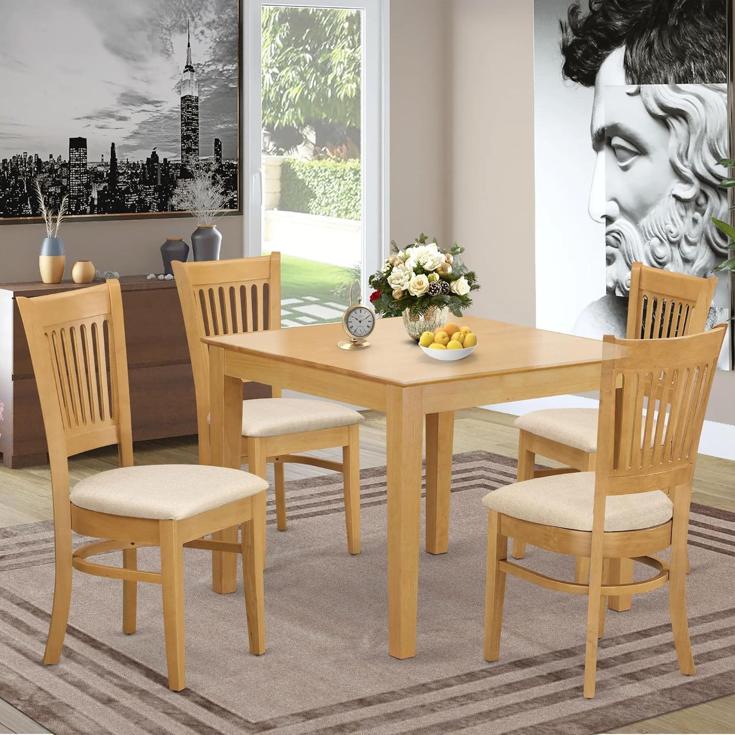 Oak Square Dining Set Wood Table 4 Fabric Chairs
