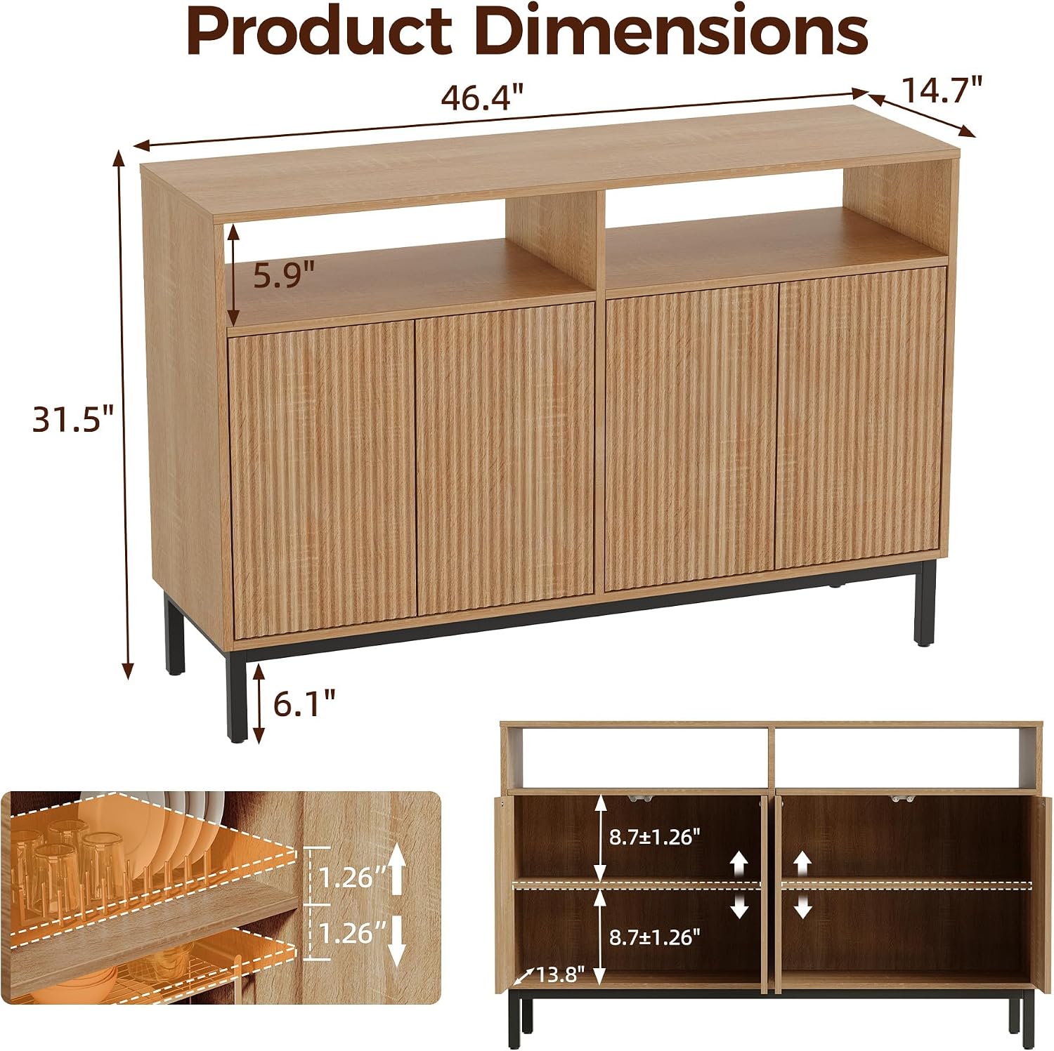 Fluted Sideboard Four Doors Open Storage Shelves