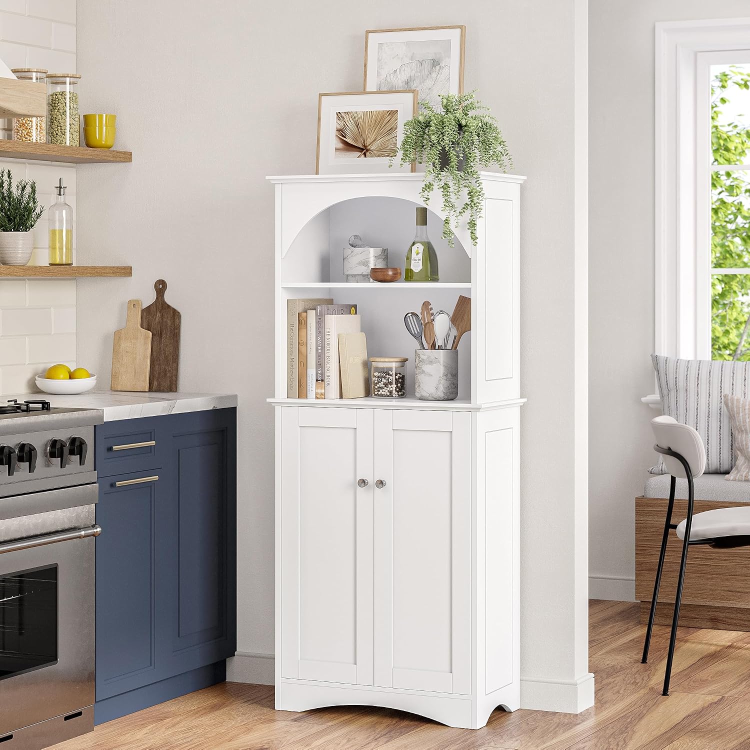 White Sideboard Cabinet Arched Open Storage Shelves