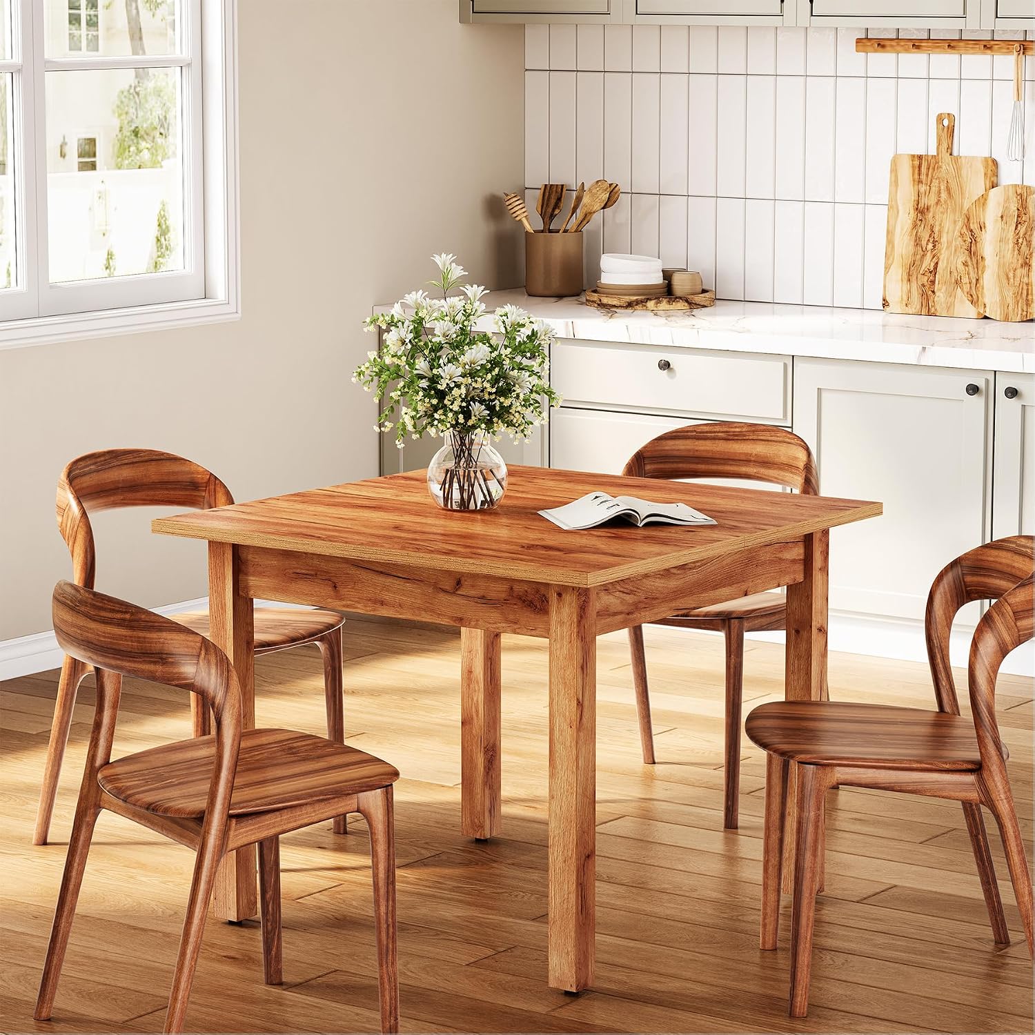 Oak Brown Square Dining Table Seats Four People