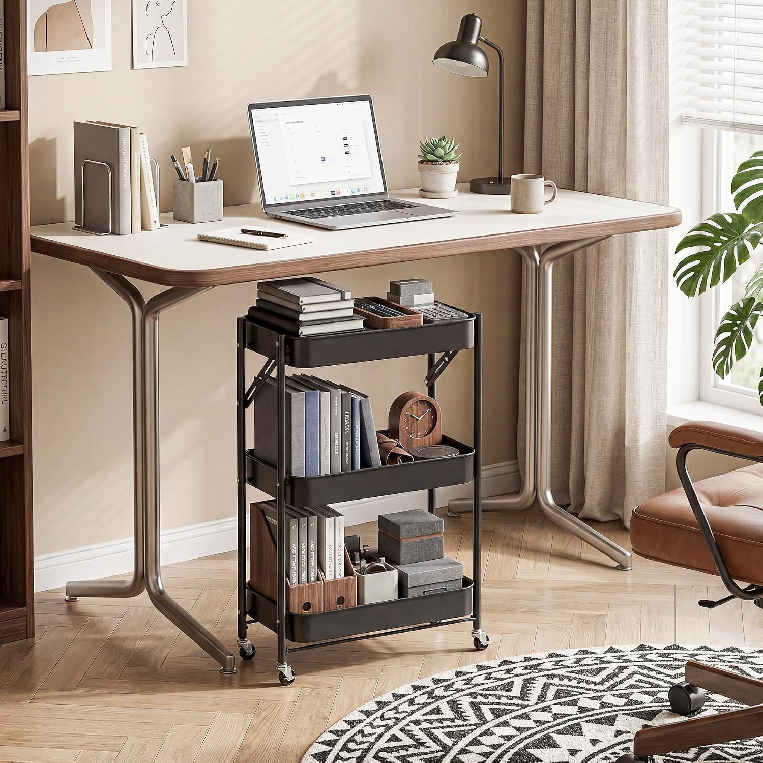 3-Tier Foldable Under Desk Rolling Storage Cart Black