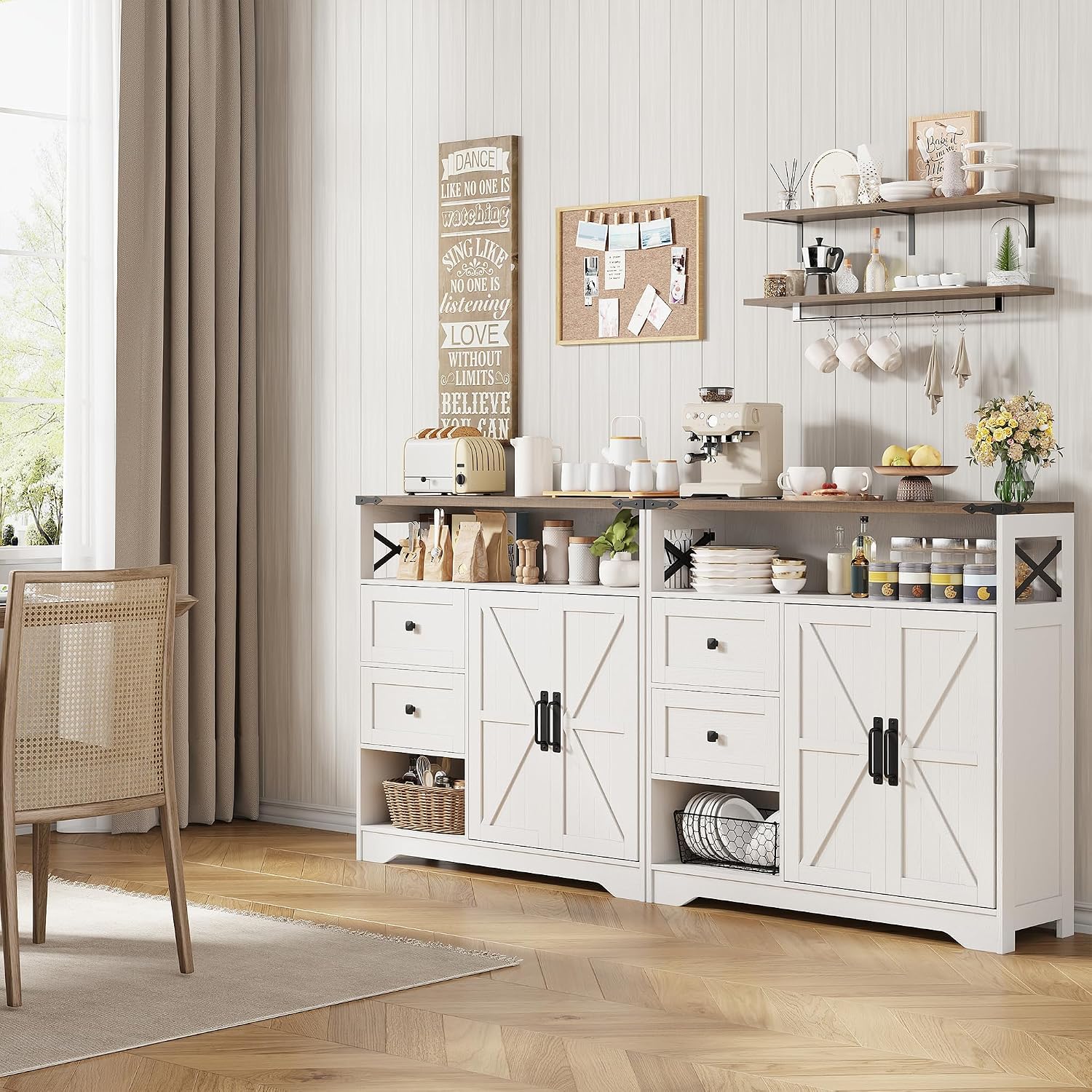 Farmhouse White Sideboard Drawers Open Storage Shelves