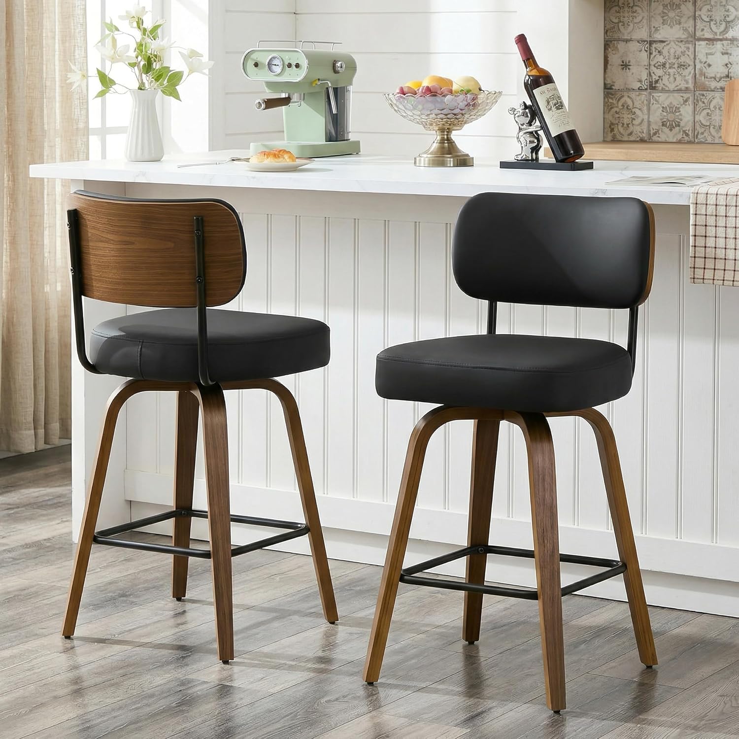Black Swivel Bar Stools Walnut Legs Set of 3