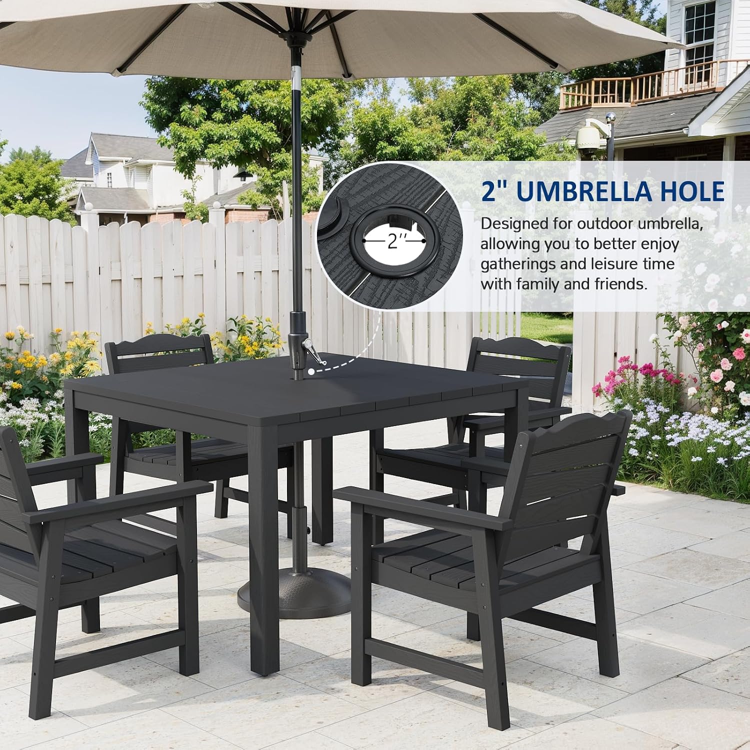 Black Square Patio Table Umbrella Hole Seats 4