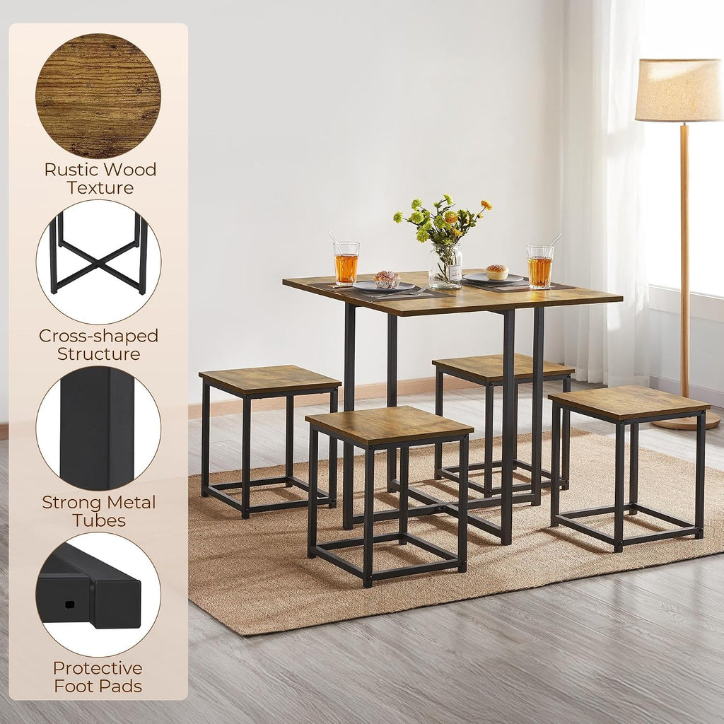 Rustic Brown Dining Table Stools Space Saving Set 4