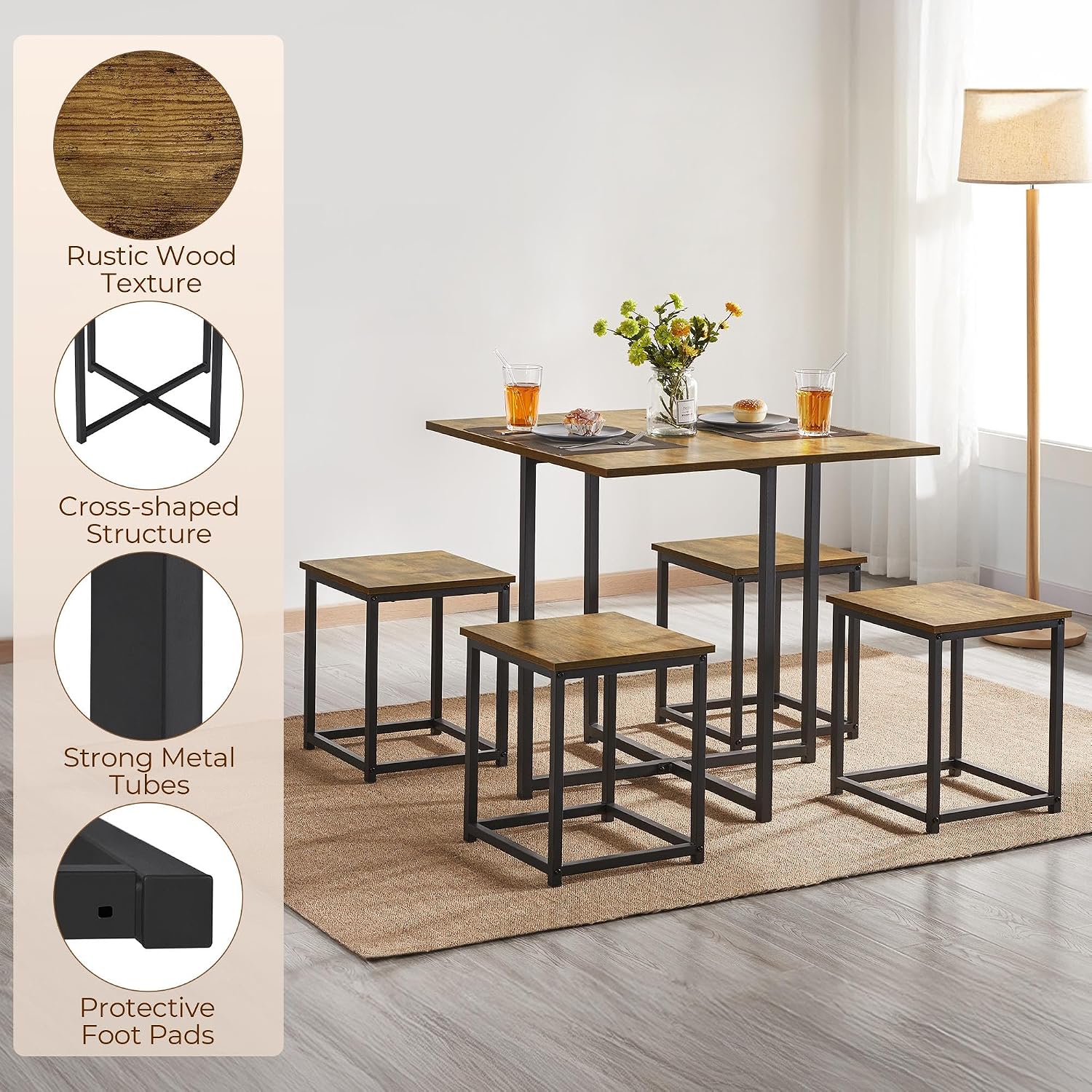 Rustic Brown Dining Table Stools Space Saving Set 4