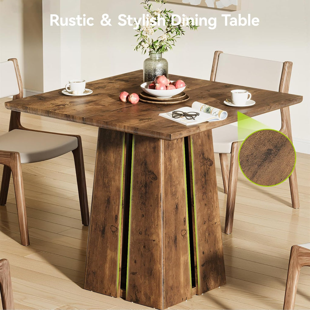 Rustic Brown Square Dining Table Pedestal Base Set 4