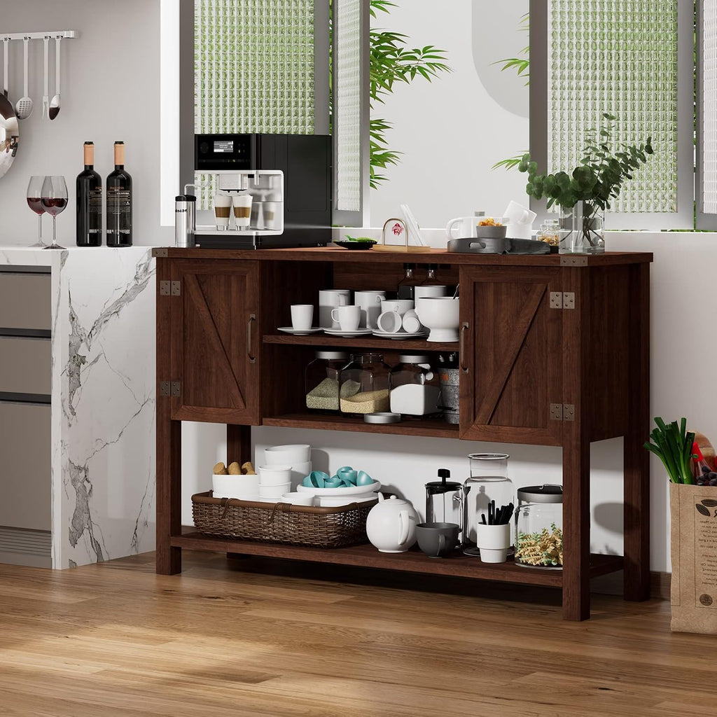 Farmhouse Wood Sideboard Cabinets Open Shelves Brown