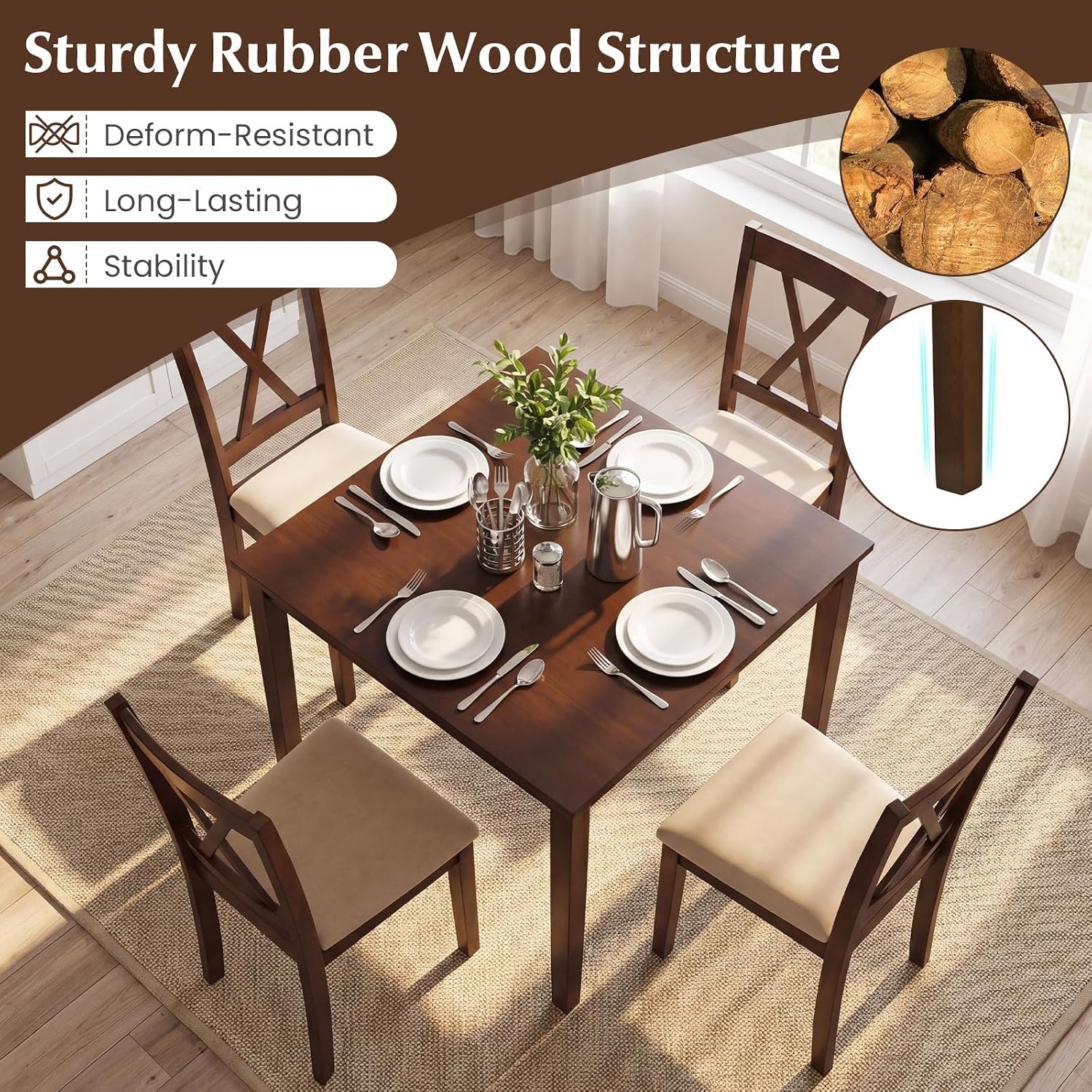 Walnut Wood Square Dining Table Rubber Legs Seats 4