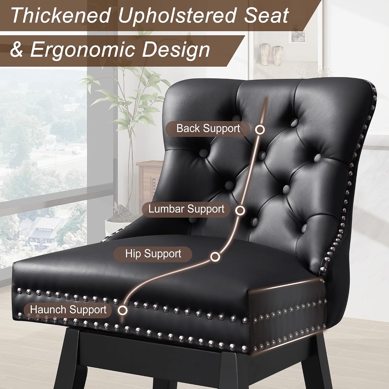Black Tufted Swivel Bar Stools Wood Legs Set 2