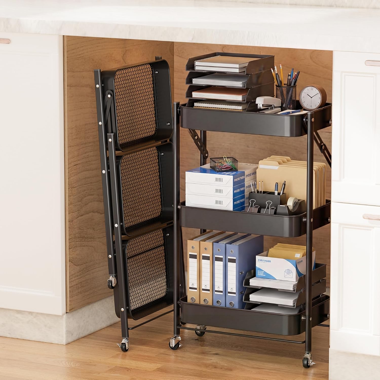 3-Tier Foldable Under Desk Rolling Storage Cart Black
