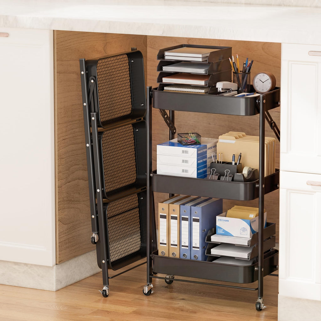 3-Tier Foldable Under Desk Rolling Storage Cart Black
