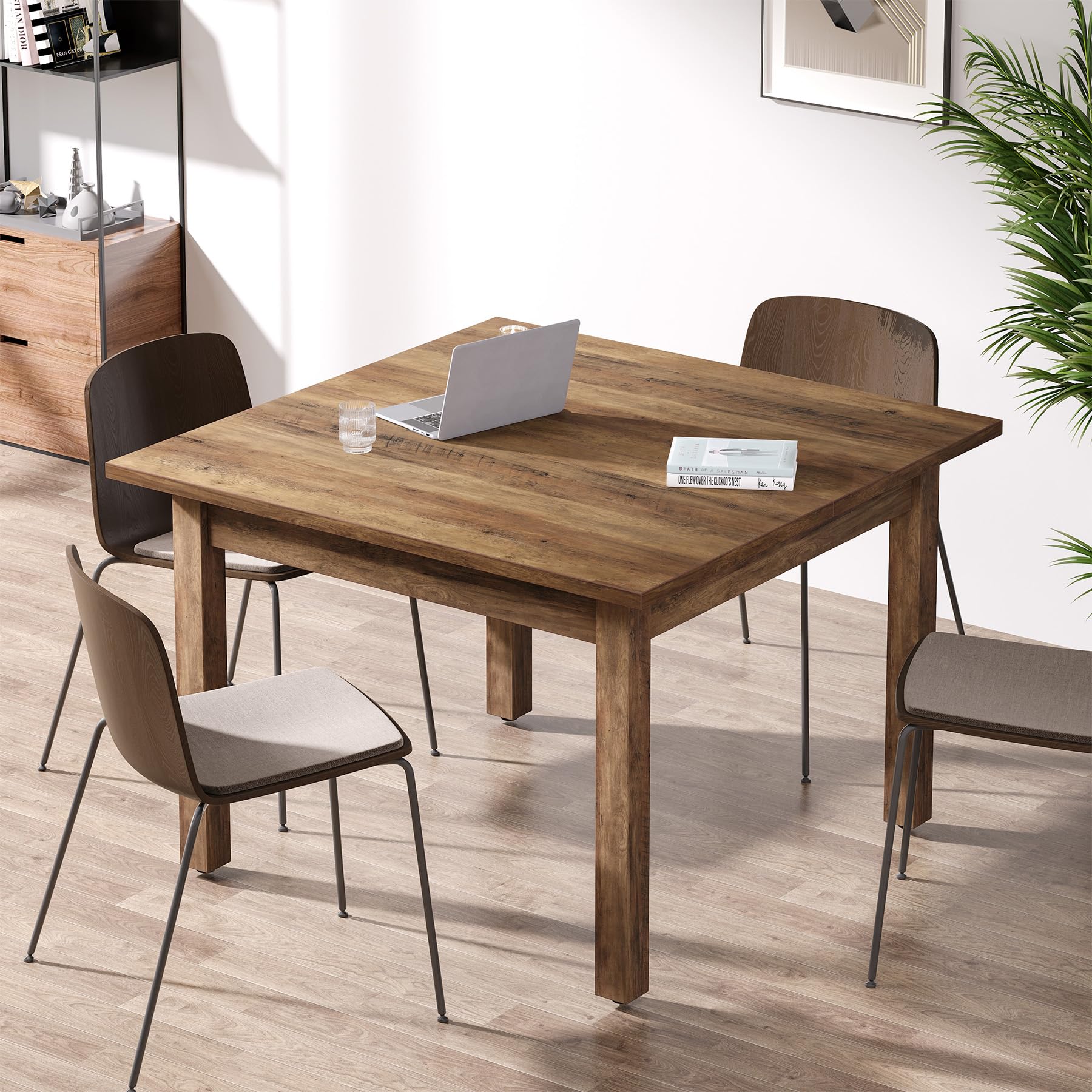 Oak Brown Square Conference Table Wood Legs Seats 4