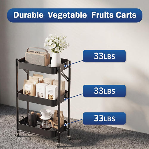 3-Tier Foldable Under Desk Rolling Storage Cart Black