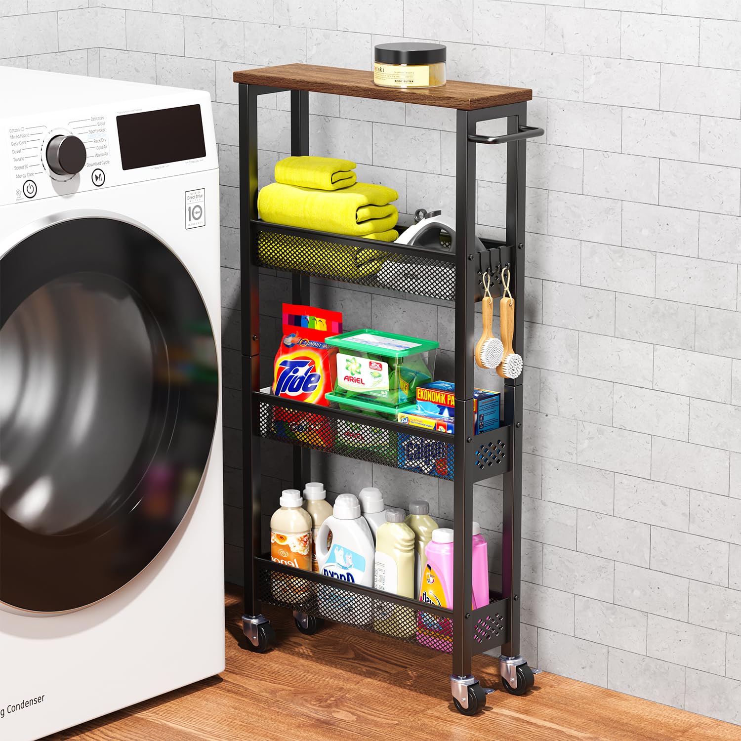 Narrow 4-Tier Rolling Storage Cart with Wood Top