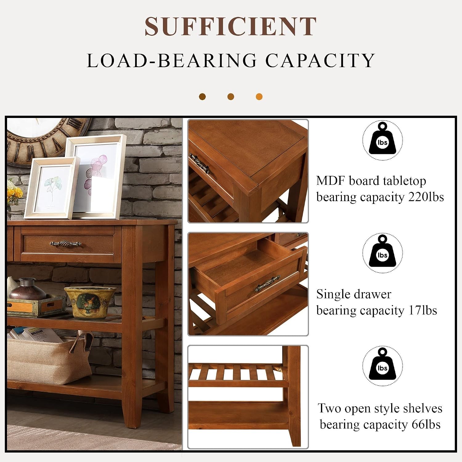 Entryway Console Table Drawers Lower Shelves Brown