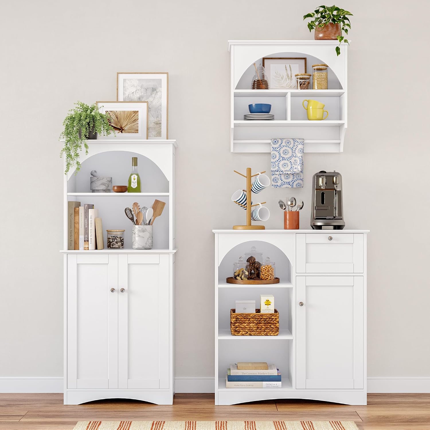 White Sideboard Cabinet Arched Open Storage Shelves