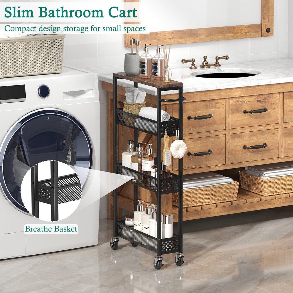 Narrow 4-Tier Rolling Storage Cart with Wood Top